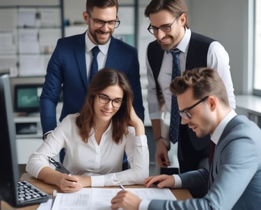 Sunlight streams through overhead beams, casting shadows on a wall featuring a prominent sign with bold red letters stating 'GOOD BUSINESS'. The environment appears to be indoors with modern architectural elements and minimalistic decor. Potted plants and furniture create a relaxed, professional atmosphere.