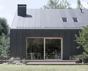 a house with a black roof and a black roof