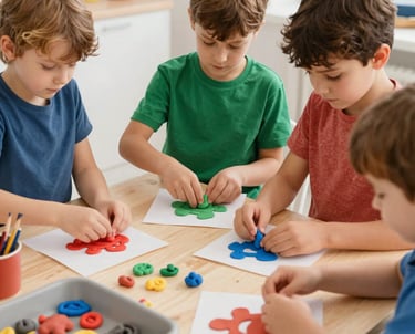 A calm, bright therapy room with colorful art supplies arranged neatly for children.