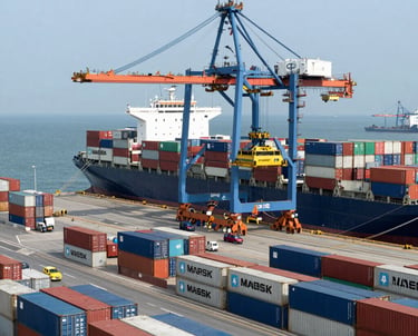 A busy port scene features numerous stacked shipping containers of various colors and labels, such as Maersk and Hamburg-Süd. A large cargo ship is docked alongside a pier, loaded with more shipping containers. Cranes and industrial machinery are actively engaged in loading or unloading the containers. The sea provides a calm backdrop, while the port infrastructure includes paved roads and parking areas with vehicles scattered around.
