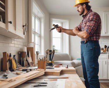 A modern, single-story house with clean lines and a contemporary design. The facade features large windows and a wooden double door entry. The house is accented by stone details and illuminated by exterior lighting. The sky is a deep, twilight blue with hints of purple. A well-manicured lawn and a 'For Sale' sign are visible in the foreground.