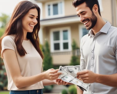 A suburban house with a brick facade and double garage doors. The roof is dark, and there are several bare trees and green bushes surrounding the property. A for sale sign is visible on the front lawn.