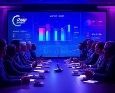 a conference room with a large screen displaying a presentation