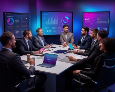 a group of people sitting around a table with laptops