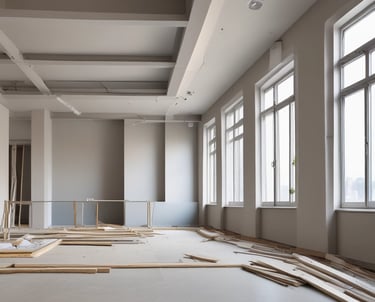 A partially constructed room with exposed brick and wooden beams. Building materials like boards and cardboard boxes are stacked against the walls. Scaffolding supports are placed in the middle, draped with a cloth. The floor is concrete, and tools or equipment can be seen around.