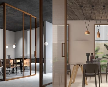 Diseño de oficina corporativa con estructura de madera, mamparas acristaladas y luz natural integrada