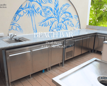 Kitchen equipment for outdoors bar including sink, cabinet, refrigerator all made for undercounter