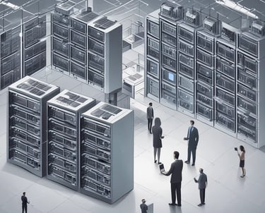 A person is typing on a silver laptop with a screen displaying text about designing digital solutions for big customers. Nearby, there is a black smartphone and white earphones placed on the desk. The person's sleeves are light blue, suggesting a casual attire.