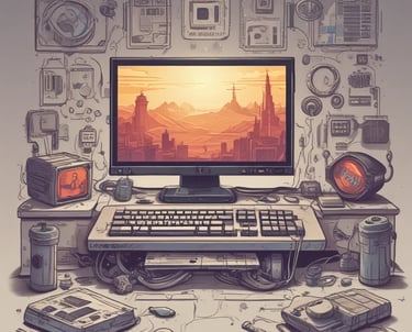 A person is typing on a silver laptop with a screen displaying text about designing digital solutions for big customers. Nearby, there is a black smartphone and white earphones placed on the desk. The person's sleeves are light blue, suggesting a casual attire.