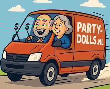 Snel rijdende Oranje bestelbus met abraham en Sarahpop. Goedkope levering en sarah
