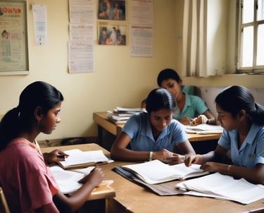 Seven women are standing in front of a brick wall, smiling and making various hand gestures. The woman in the center is wearing a white dress and holding a bouquet, while the others are dressed in various casual and semi-formal attire. There are signs on the wall behind them that say Thank you for clearing your own plates and Please maintain social distancing. Do not join the tables.