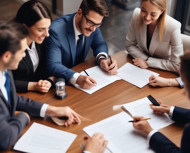 A traditional red brick building with a gabled roof and white-framed windows. The front entrance features an arched doorway and is flanked by well-maintained shrubs. A sign in the foreground reads 'Morris & Dean, Trial Lawyers & Counselors,' displaying the phone number and a digital clock showing 6:31.
