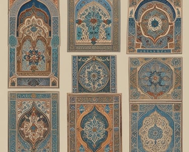 Three black canvases with intricate Arabic calligraphy in gold, each featuring unique ornate designs. The calligraphy is presented in different symmetrical shapes, with the middle canvas having a pointed arch-like form.