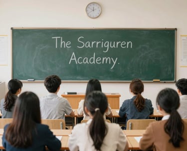 Students sit at desks in a classroom facing a chalkboard that reads The Sarriguren Academy.