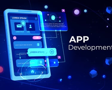 a smartphone phone with a blue background and a text that says app development