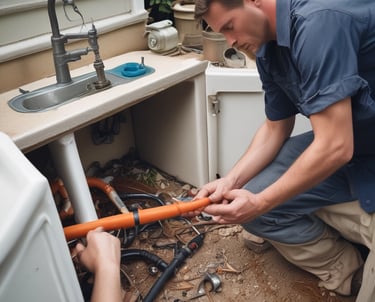 A plumber using a drain snake to clear a clogged pipe.