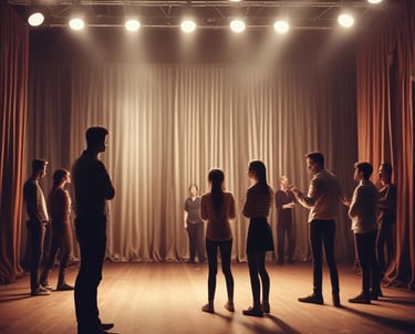 A dynamic workshop session with actors engaging in emotional exercises.