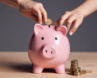 een persoon die munten in een spaarpot stopt