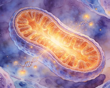 Mitochondria producing cellular energy ATP in watercolor scientific illustration