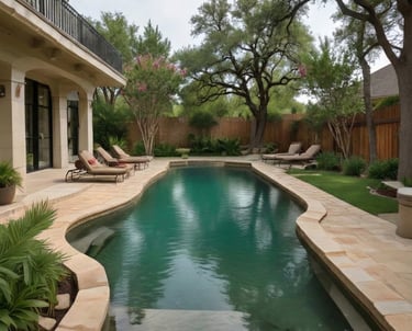 A clear residential swimming pool in a Central Texas backyard