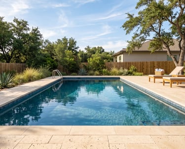 Clean backyard pool with lounge chairs in a Round Rock Texas neighborhood