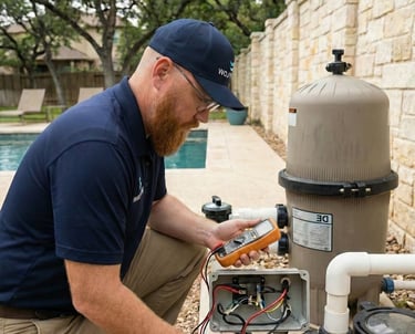A professional pool technician inspects a pool pump and filter system during a repair diagnostic in Central Texas.