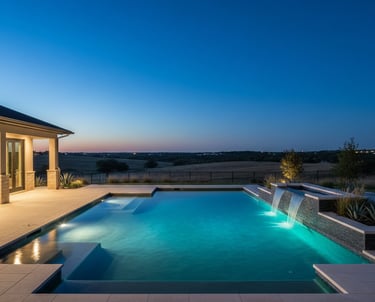 Well-lit backyard swimming pool at night with working pool lights creating a safe, inviting evening swimming environment