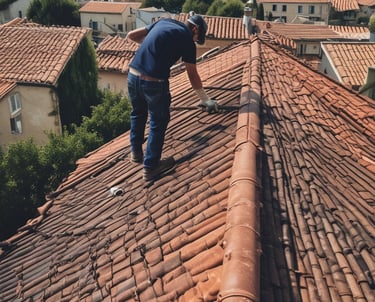 A person is sitting on a rooftop while holding a coiled tool, possibly working on a metal chimney. The roof has a slightly weathered appearance with dark tiles.