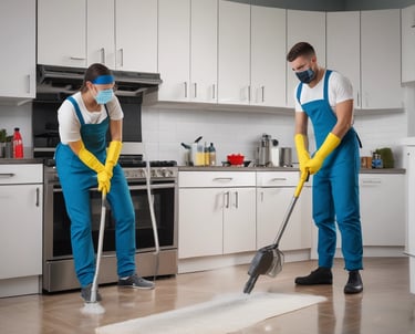 A team of cleaners working diligently in a bright, spotless room.