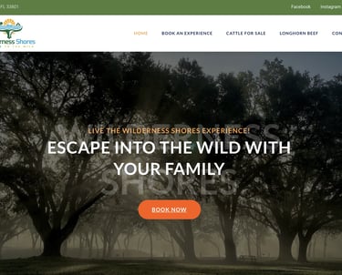 wilderness shores website banner with the tagline 'escape into the wild with your family'