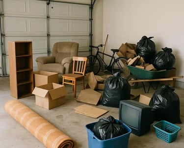 a garage with a couch and a couch in it