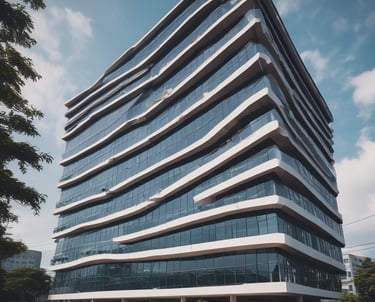 The image features the facade of a modern office building with a clean, geometric design. It is constructed with a combination of red brick and large glass panels, and there is a prominently displayed sign for Tata Consultancy Services in blue. Trees partially frame the view, and a lamppost is visible at the foreground.