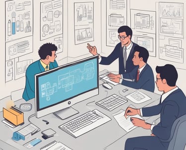 A computer lab with several rows of black desktop computers placed on tables, each connected with various cables. The room has a blue carpet and the walls have bulletin boards with posters. The arrangement suggests a classroom or training environment.