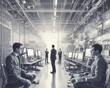 A dimly lit room features a prominent illuminated sign displaying the words 'Sysco LABS.' Below the sign are office desks with various electronic devices, including laptops and cables. The lighting creates a cool and professional atmosphere.