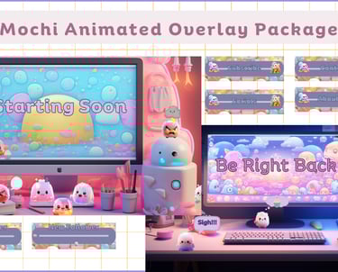 Mochi animated overlay package in pinks and blues with monitors and labels