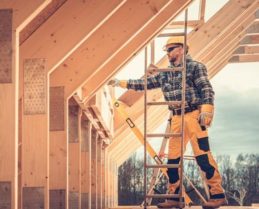 a man in a construction helmet and safety gear standing on a ladder