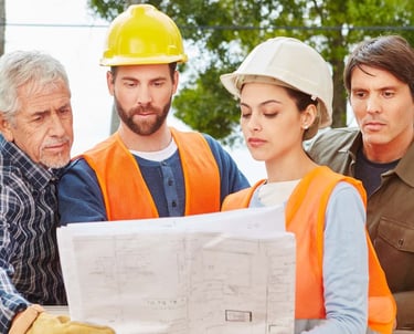 a group of people standing around a building