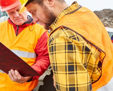 two men in safety gear standing in front of a pile of rubble