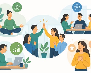 Illustration showing work-life balance through meditation, teamwork, and mental health self-care.