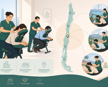 Professional corporate massage therapists providing onsite chair massage services across Chile map locations.