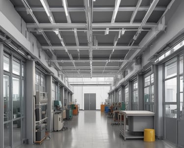 A laptop resting on a wooden table displays a graphic design software with a black card featuring a letter 'C' and a QR code. The background reveals a modern cafe setting with cushioned chairs, wooden tables, and soft lighting, all contributing to a cozy atmosphere.