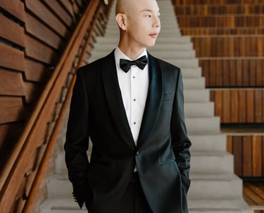 Wedding Day bald Groom in a tuxedo suit