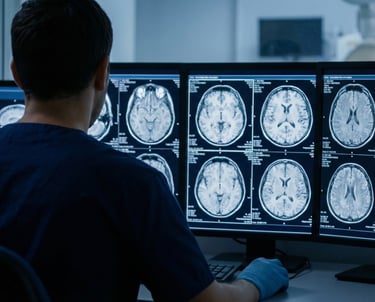 Neurologist reviewing multiple brain MRI scans on diagnostic imaging monitors.
