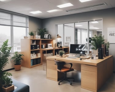 Several moving trucks from Divine Moving & Storage Ltd are parked along a street lined with trees. The trucks are large and blue, with company logos and contact information visible. A painting detail is incorporated into the truck design. The street has a sidewalk with some water reflecting the surroundings.