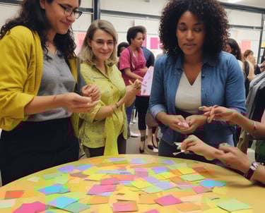 Women, mean leaders engaging in an affinity sorting activities with post it notes