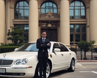 A vintage vehicle is inside a garage or station, with a suitcase on its roof. A sign reading 'FOR HIRE' is illuminated at the front. The background shows steel beams and a hanging light fixture, suggesting an industrial or rustic setting.