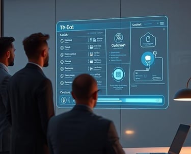 Team in a meeting in front of a Smart Film displaying a task management user interface 