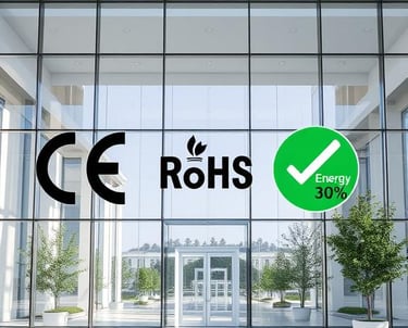 Showcasing CE and RoHS certifications and the Energy 30% compliance for Smart Film used in energy-efficient building design