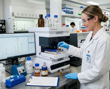A female scientist in a lab uses HPLC equipment for honey chemical analysis.