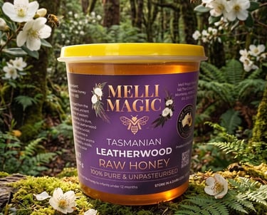 Melli Magic Honey leatherwood honey jar with forest background